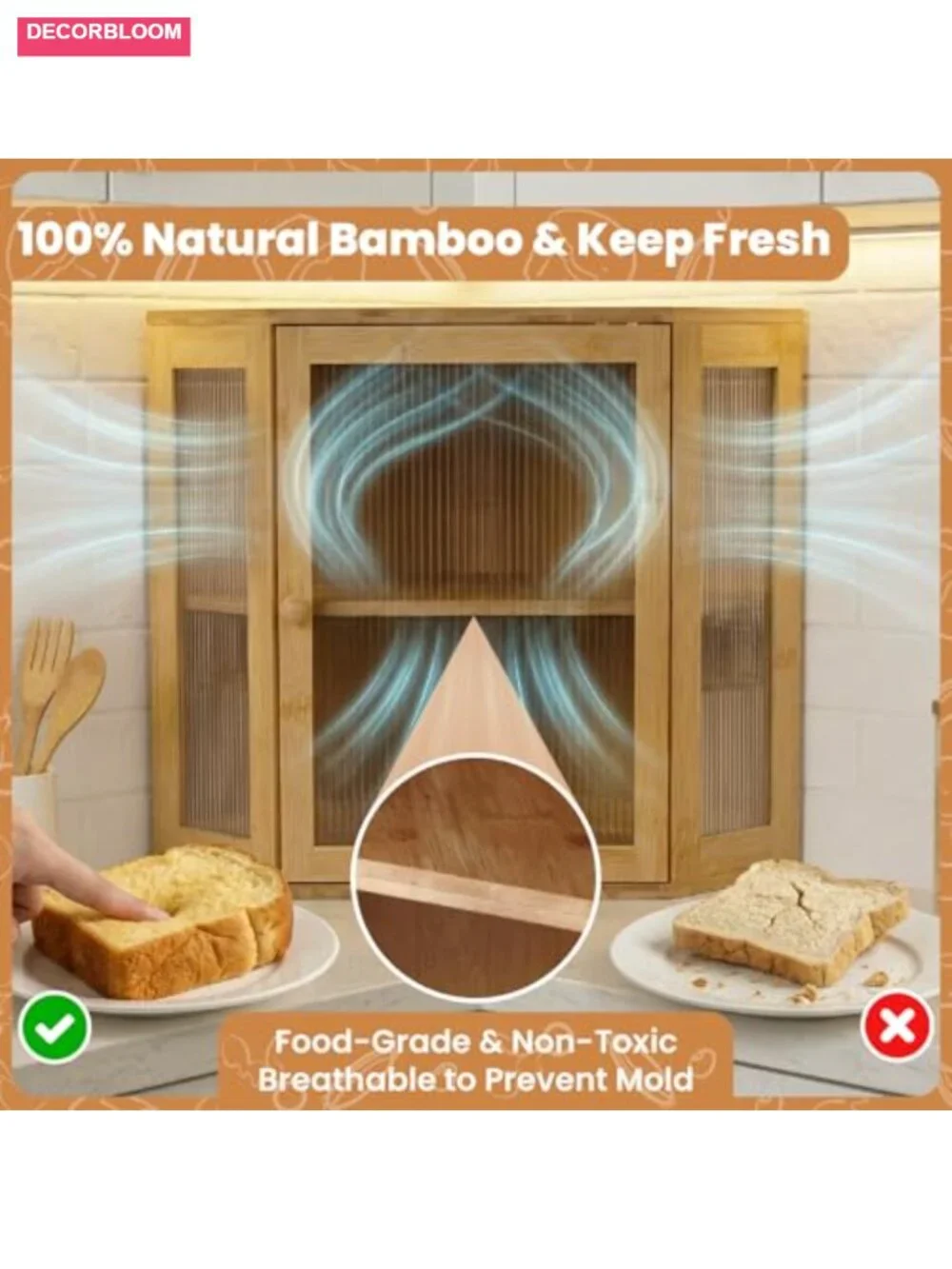 Corner Bamboo Bread Box with Lid - Two Layer Kitchen Countertop Storage